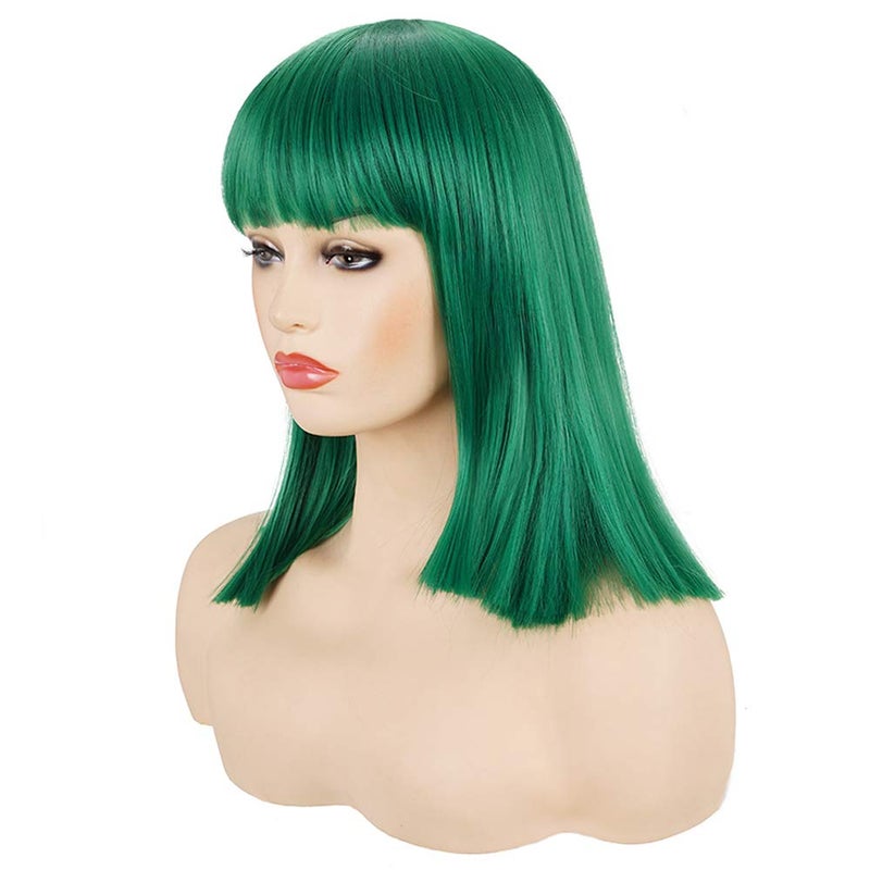 morvally Short Straight Bob Wig Heat Resistant Hair with Blunt Bangs Natural Looking Cosplay Costume Daily Wigs for Women (14", Green) - Image 3